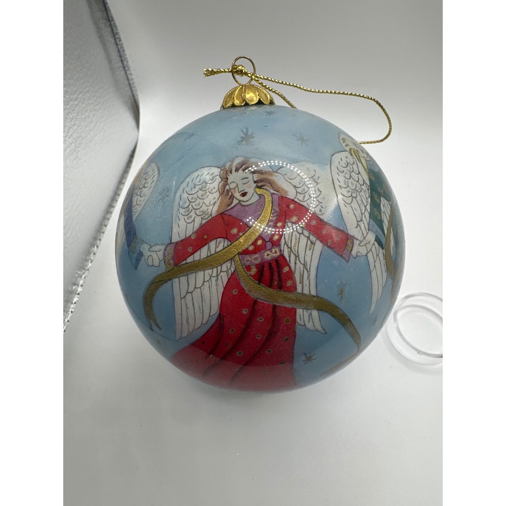 Pier 1 2001 Li Bien Christmas Ornament Hand Painted Glass Angels Blue Large Ball
